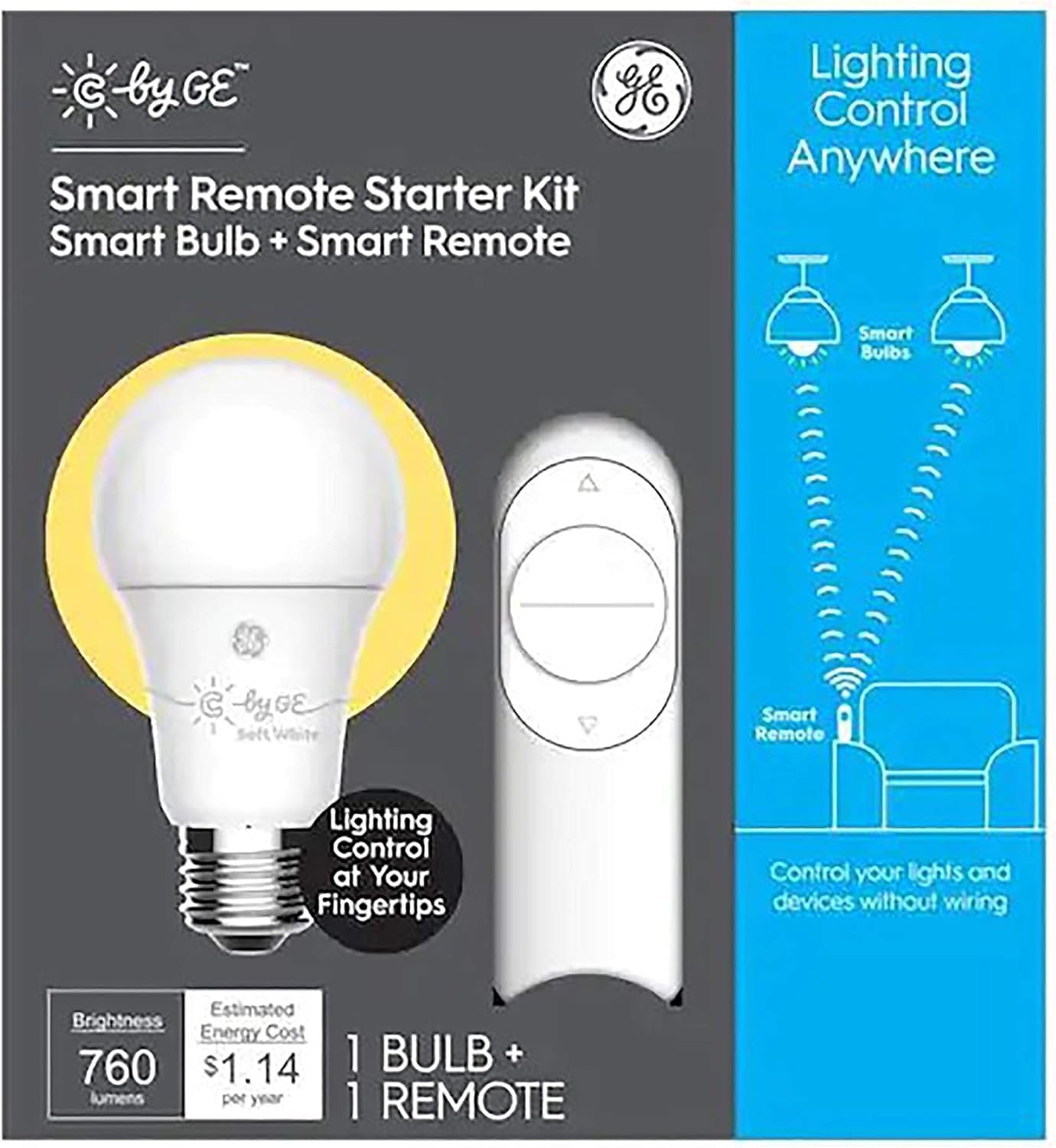 GE C Starter Kit Remote with 60-Watt EQ A19 Soft White Dimmable Smart LED Light Bulb
