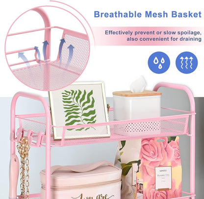 TOOLF 4-Tier Rolling Cart, Metal Utility Cart with 3 Hooks, Easy Assemble Mobile Storage Trolley On Wheels, Metal Shelving Units Kitchen Bathroom Laundry Room