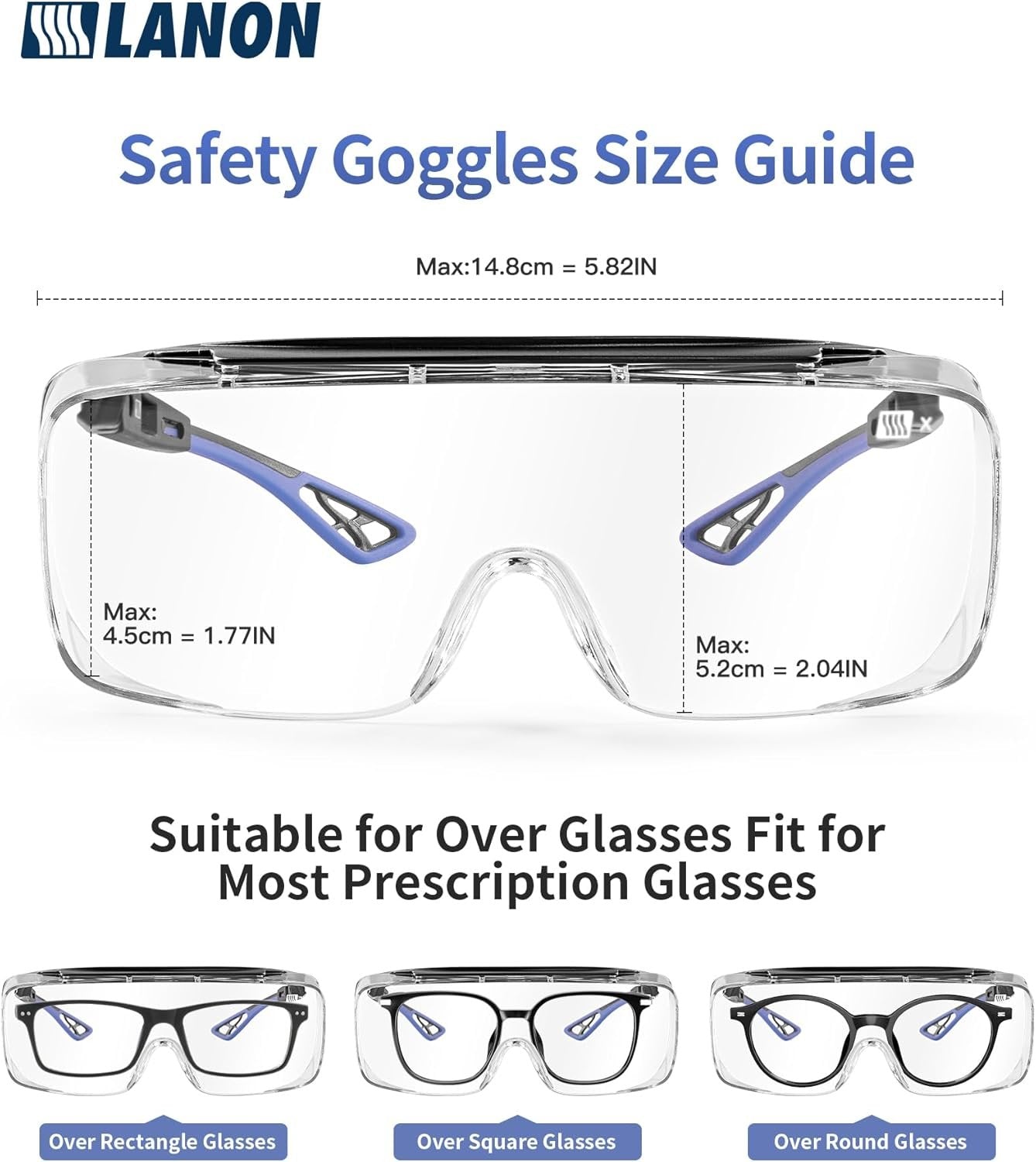 LANON Safety Glasses Over Glasses,ANSI Z87.1 Lenses with Anti-Fog & Scratch,Side Protection, High Transmission, Adjustable Protective Eyewear Goggles
