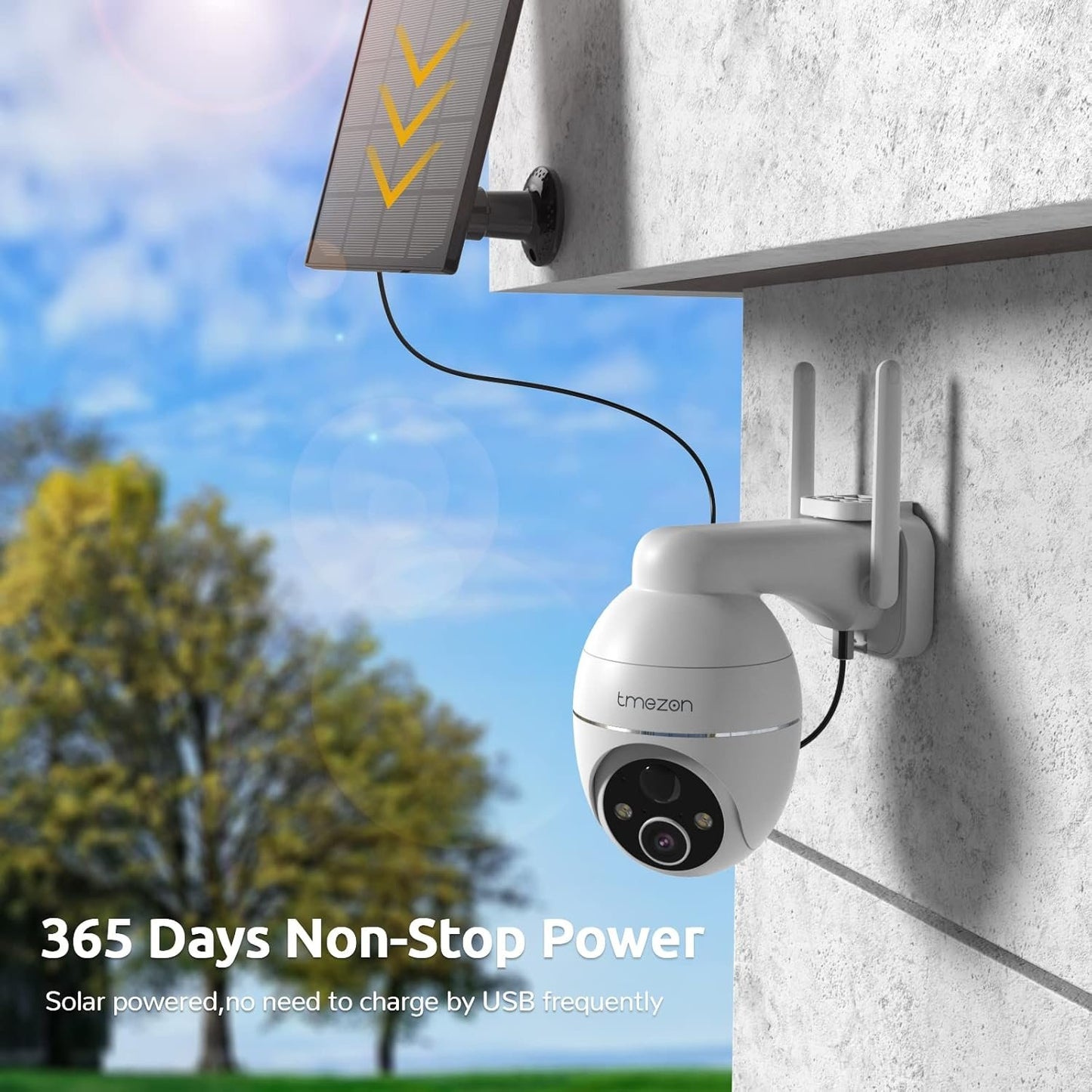TMEZON Solar Battery Surveillance Camera Outdoor, 2K Wireless PTZ WLAN IP Outdoor Camera with Colour Night Vision, PIR Motion Sensor, Siren/White Light Alarm, 2-Way Audio, 2.4GHz WiFi CloudEdge App
