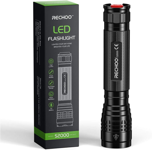 RECHOO S2000 LED Flashlight High Lumens, Super Bright, Powerful, Mid-Size Tactical Flashlight with 3 Modes, Zoomable, Water Resistant Flashlights for Home, Emergencies, Camping, Outdoor Use