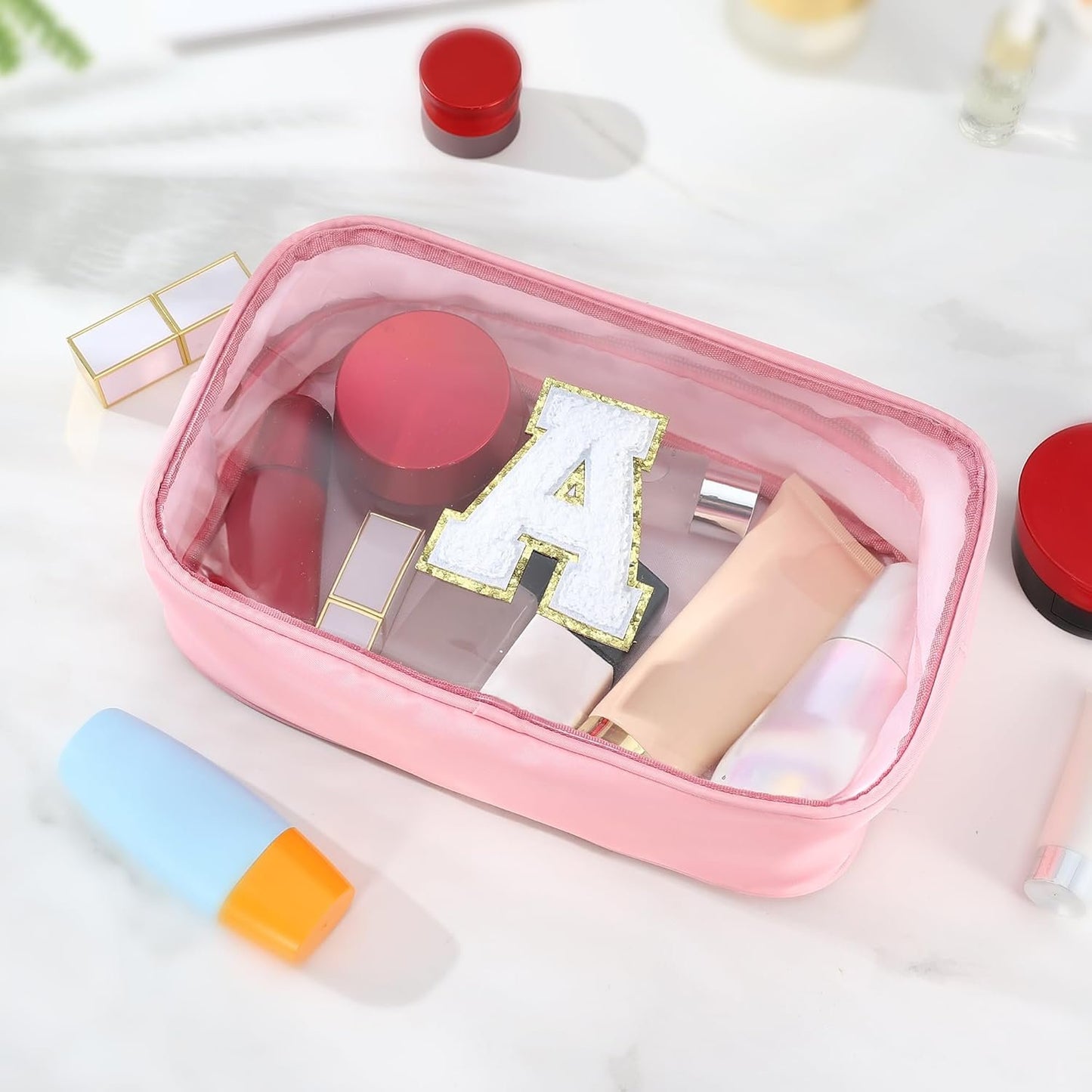 SEFORICO Initial Clear Makeup Bag - Make Up Bag Travel Toiletry Case Preppy Cosmetic Bags Organizer Gifts for Women Valentines Day Brithday Gift Mom Girl Gifts Clear Toiletry Bag (Pink A)
