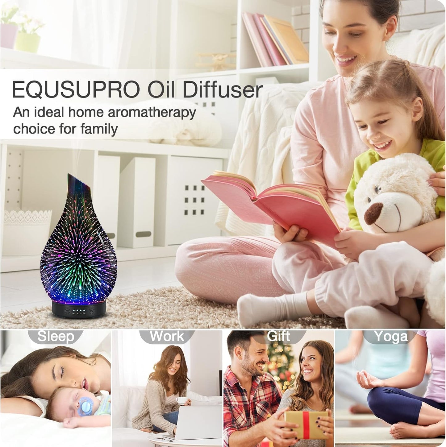 Essential Oil Diffuser 120ML Aroma Ultrasonic Humidifier with Handmade Glass BPA Free Waterless Auto-Off Timer Setting for Home Yoga Office