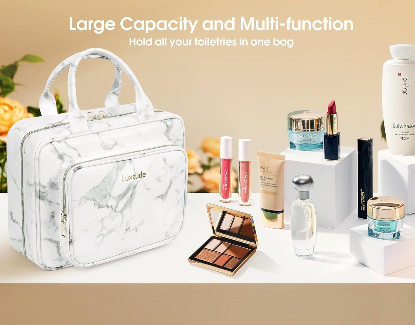 Luxtude Waterproof Leather Toiletry Bag for Women, Hanging Travel Toiletry Bag with 360°Hanging Hook, Large Travel Toiletry Cosmetic Organizer for Toiletries, Bathroom Shower, Makeup Accessories etc.