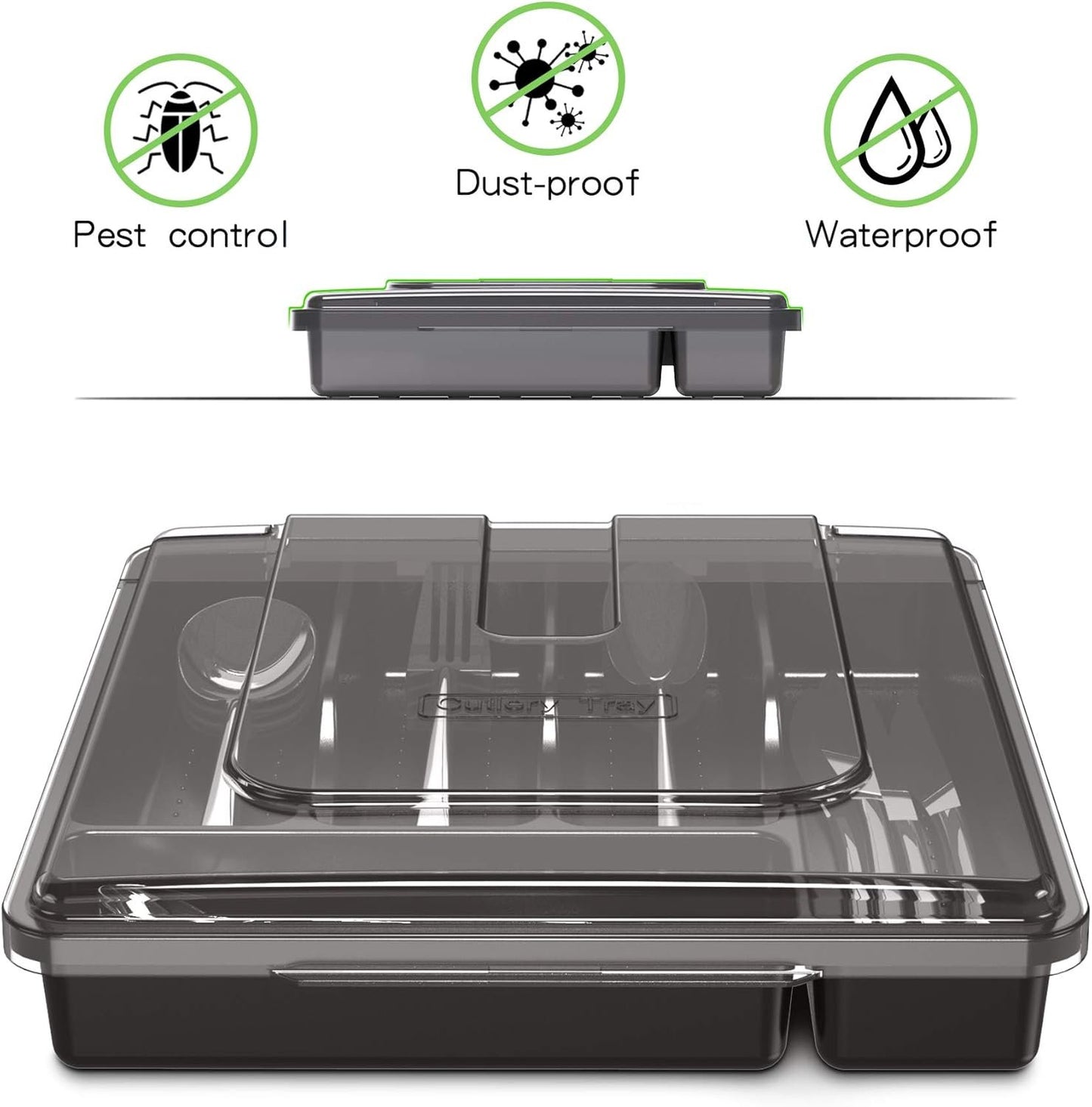QINOL Cutlery Organizer with Lid, Kitchen Drawer Organizer Plastic kitchen Utensil Organizer 5 Compartments for Cutlery Forks Spoons Knives, Large Cutlery Tray Drawer Organizer 12x12x2.7 Inch Black