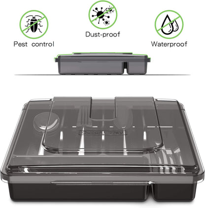 QINOL Cutlery Organizer with Lid, Kitchen Drawer Organizer Plastic kitchen Utensil Organizer 5 Compartments for Cutlery Forks Spoons Knives, Large Cutlery Tray Drawer Organizer 12x12x2.7 Inch Black