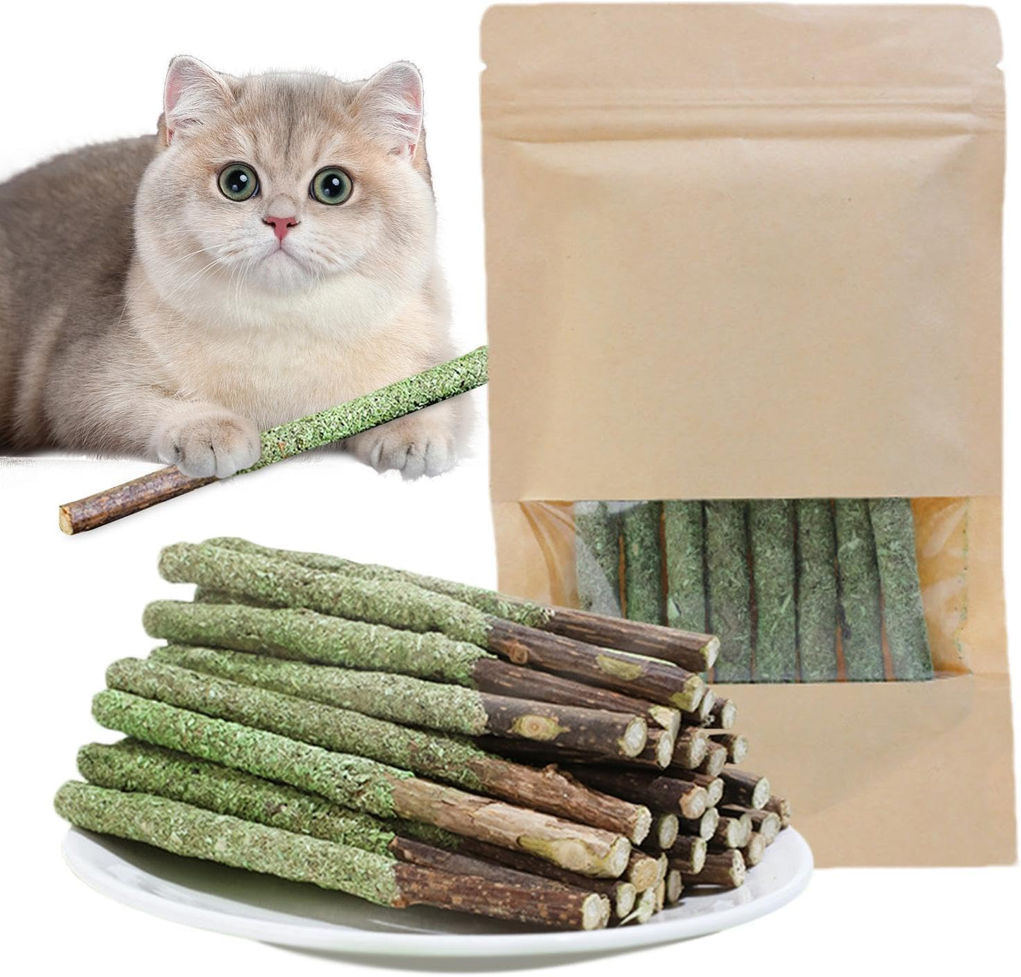Cat Grass Chew Stick - Catnip Chew Stick, Organic Cat Tooth Cleaning Toy, Natural Cat Oral Care | Remover, Breath Freshener, Stress Reducing Chews for Hairball Removal