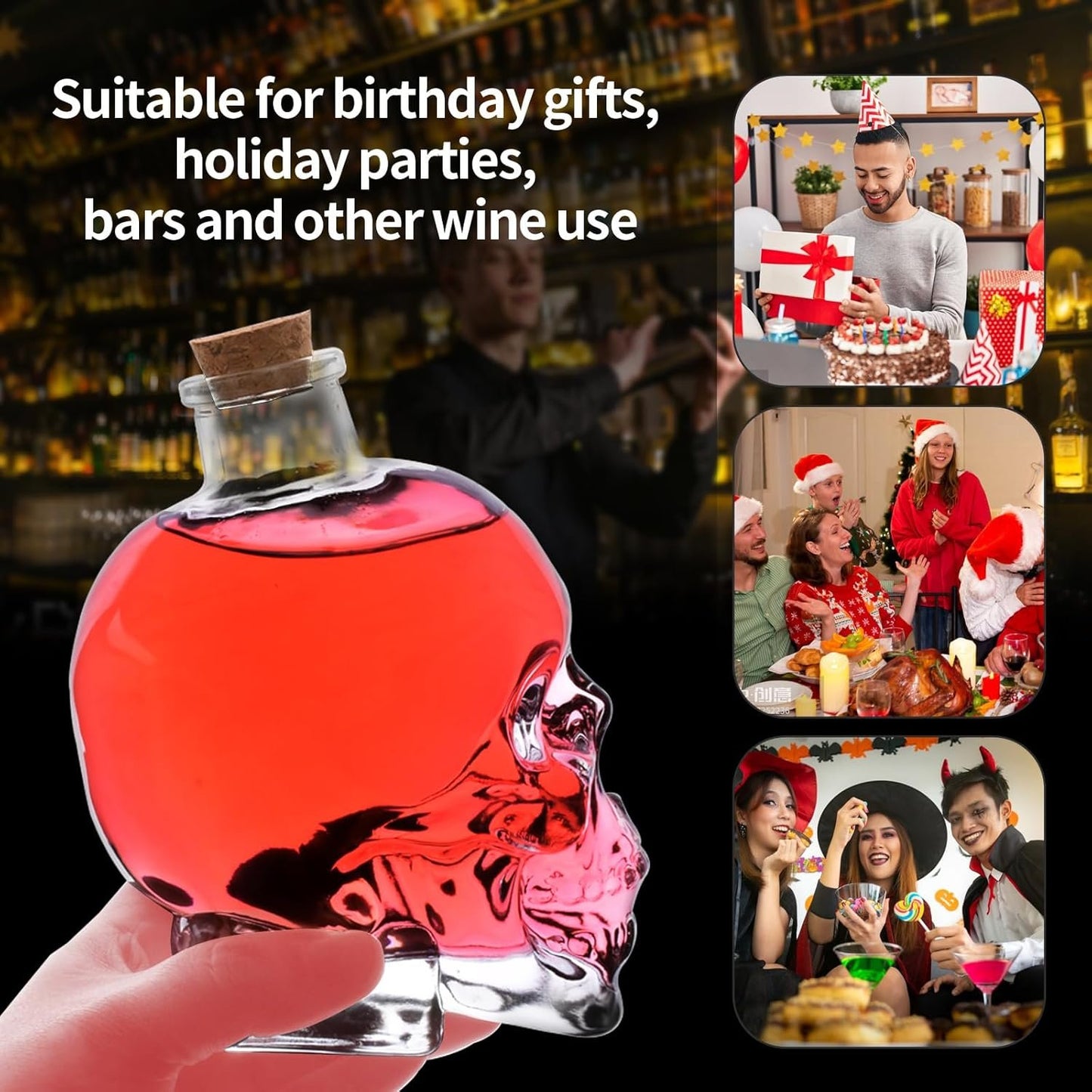 Skull Decanter Lead-free Glass Skull Prop Whiskey Bottle With Cork Stopper Halloween Decoration Novelty Drinkware 750ML (25OZ)
