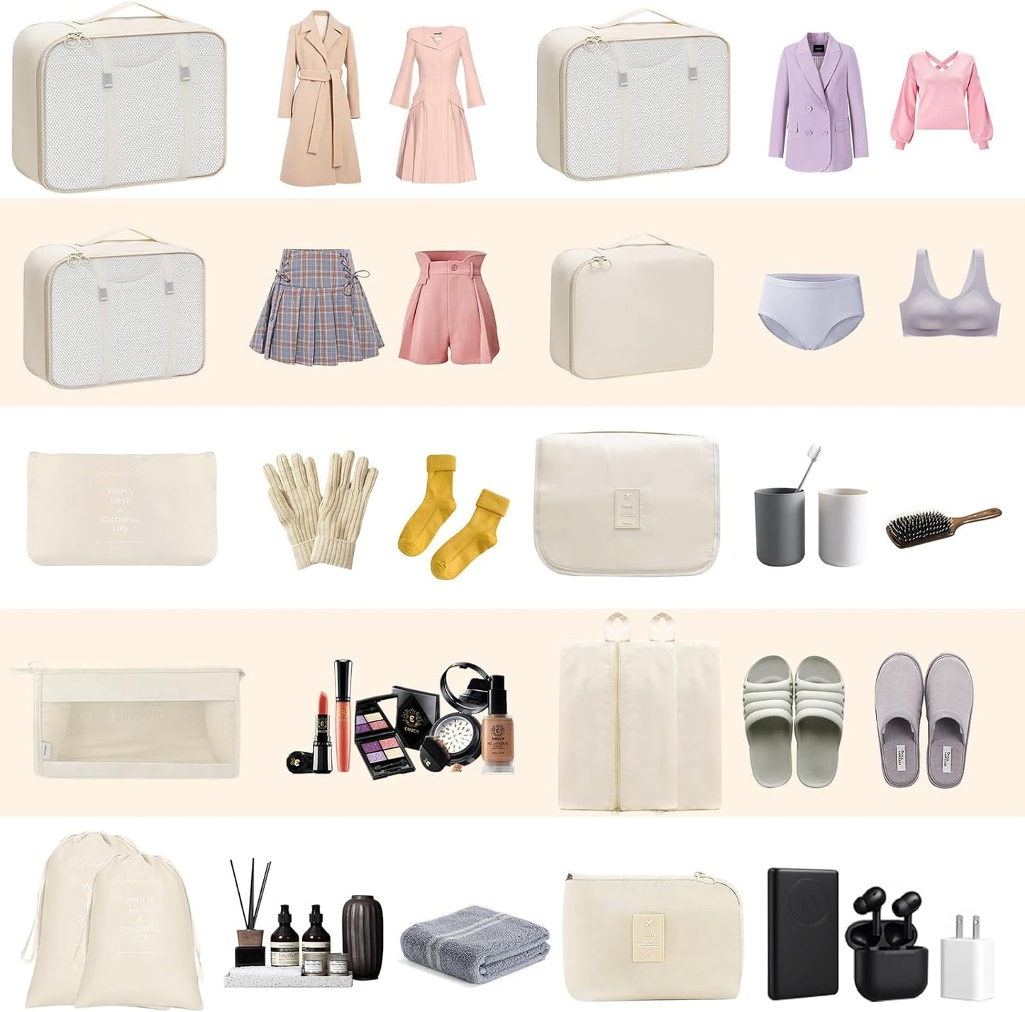 12-Piece Suitcase Organizer Set for Suitcase, Travel Organizer, Space-Saving Packing Cubes, Travel Clothes Bags, Underwear Clothing Bags Footwear (Beige)