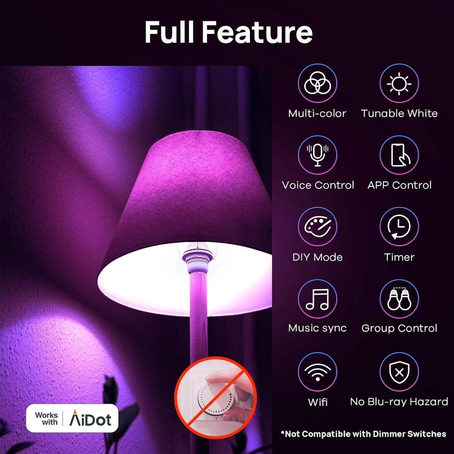 Linkind Matter Smart Light Bulb, WiFi Smart Bulbs, Work with Apple Home, Siri, Alexa, Google, SmartThings, RGTBW Color Changing Bulbs Mood Lighting, Music Sync, A19 E26 60W, 2.4Ghz WiFi 6 Pack