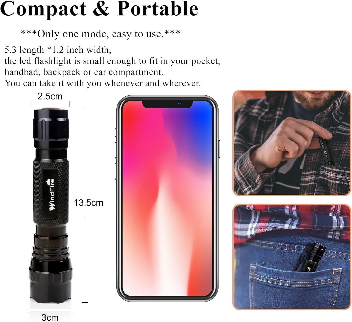 Super Bright Flashlight WF-501B Tactical Flashlight 3000 Lumens 1 Mode 3.7-18v Mini Portable Handheld Flashlight Torch for Hunting, Camping, Cycling 2Pack (Battery not Included)