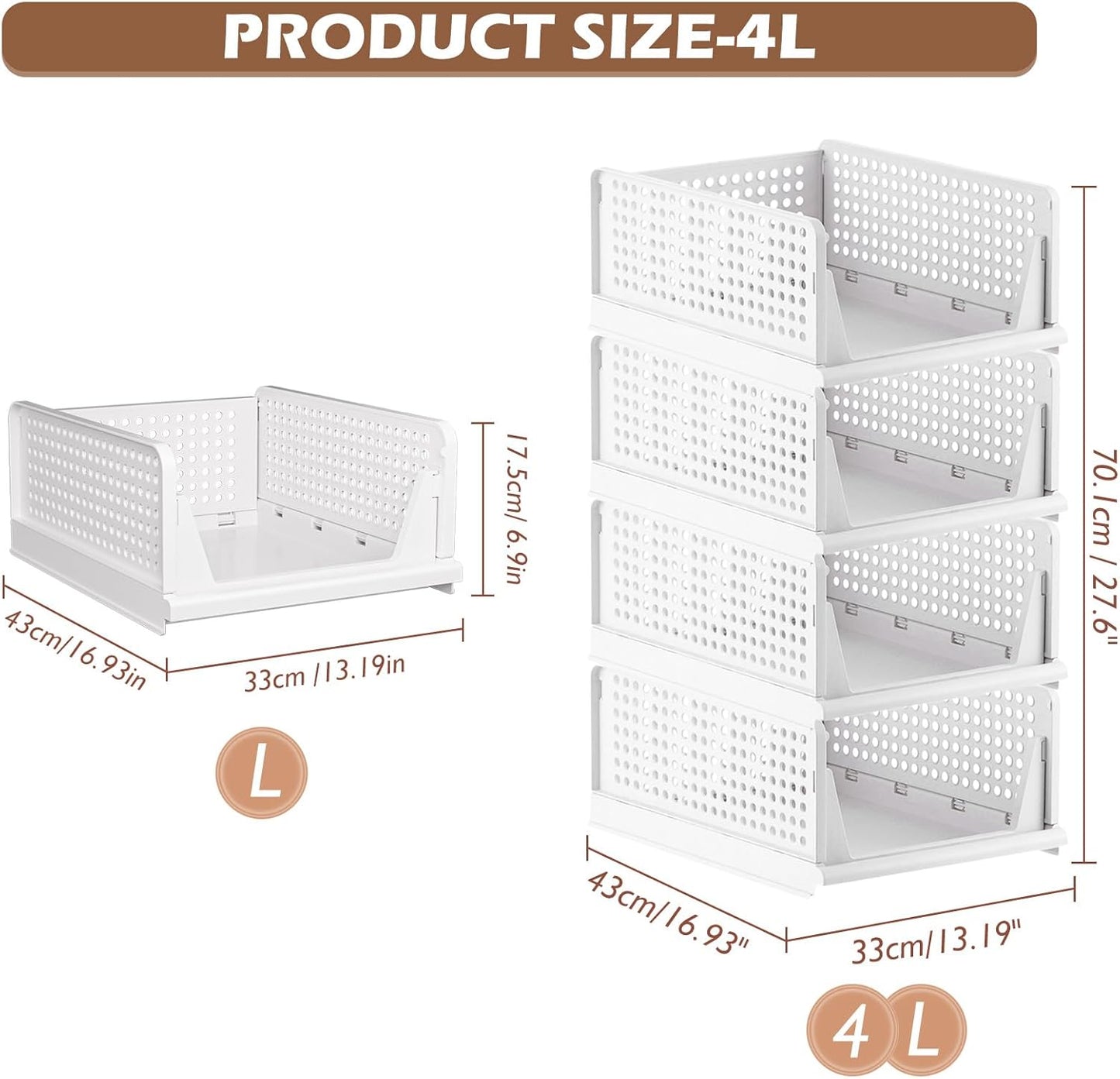 TidyIsles Wardrobe Storage Organiser - 4 Pack Folding Closet Organisers, Stackable Storage Boxes, Plastic Drawer Organiser Basket for Bedroom Kitchen Bathroom White