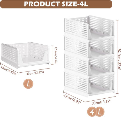 TidyIsles Wardrobe Storage Organiser - 4 Pack Folding Closet Organisers, Stackable Storage Boxes, Plastic Drawer Organiser Basket for Bedroom Kitchen Bathroom White