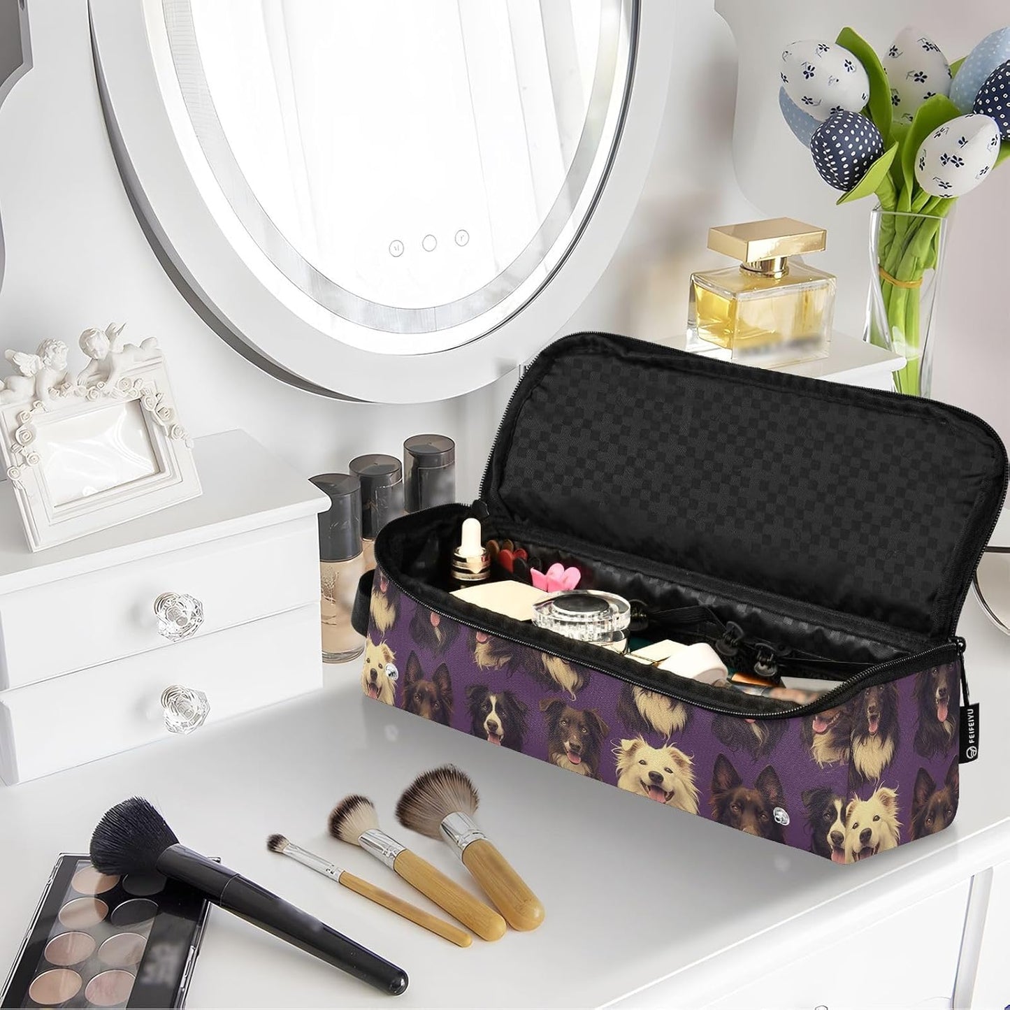 FRODOTGV Borsa da viaggio per attrezzi da viaggio con simpatico cane da pastore viola e tappetino resistente al calore, custodia da viaggio portatile per strumenti caldi e accessori per la cura dei
