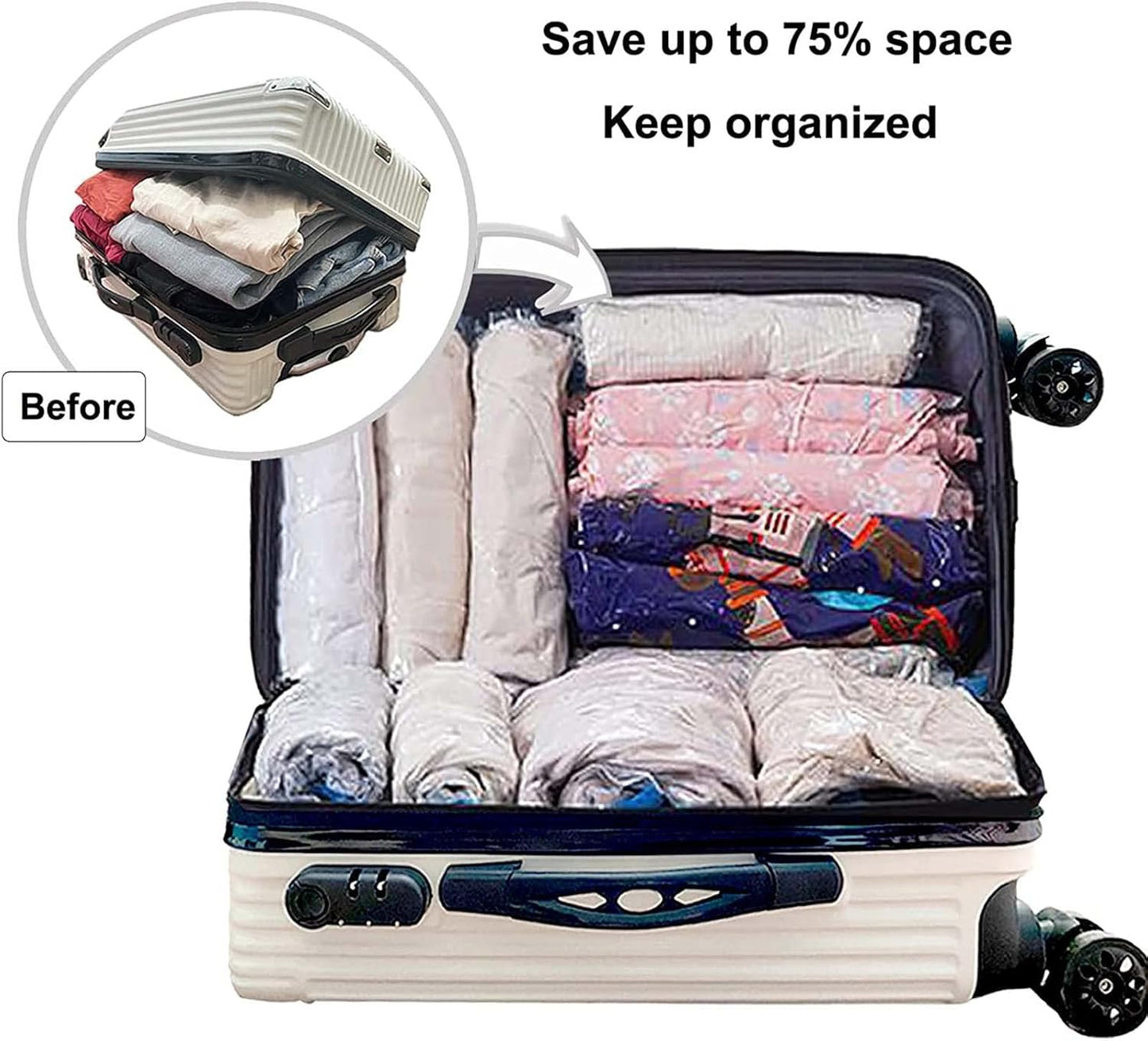 DAWNTREES 6 Pack Travel Space Saver Bags Vacuum Storage, 50x70cm,Compression Packing Cubes，Sealer Bag Roll-up Compression Storage No Vacuum Needed and Packing Organizers for Travel