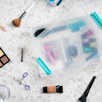 IRIS USA 5.7 L (6 US Qt) Large Clip Box, 4 Pack, Clear Plastic Storage Container Bins with Latching Lids, Organizing Container for Home, Office and School Supplies, Stackable, Seafoam Blue Buckles