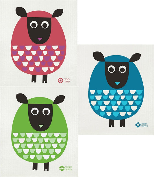 Trendy Tripper 3-Pack Earth-Friendly Swedish Dishcloth/Reusable Sponge Cloth Eco Sponge Modern Sheep (3 Pk: Bright Green + Red/Purple + Petrol)
