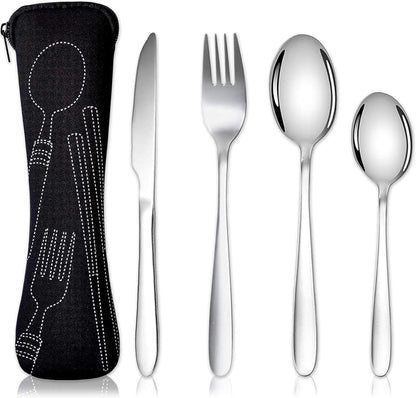Portable Cutlery Set, Stainless Steel Flatware with Pouch Bag Camping Utensil Set for Outdoor Travel Picnic Office School Camping (Black)
