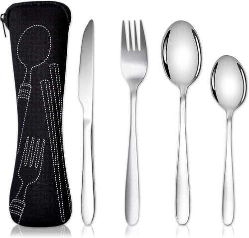 Portable Cutlery Set, Stainless Steel Flatware with Pouch Bag Camping Utensil Set for Outdoor Travel Picnic Office School Camping (Black)