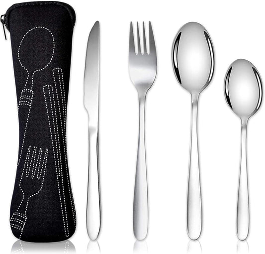 Portable Cutlery Set, Stainless Steel Flatware with Pouch Bag Camping Utensil Set for Outdoor Travel Picnic Office School Camping (Black)