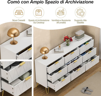 UEV 3 Piece Bedroom Furniture Set, 9 Drawer Chest of Drawers with Two Drawers with 4 Drawers, Style with Handles and Feet in Gold, Lines Pattern, Scandinavian Style (White)