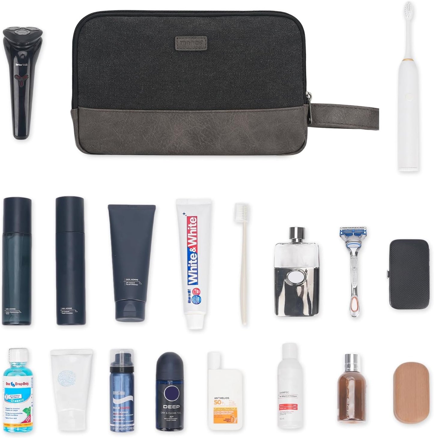 WANDF Travel Toiletry Bag for Men Hanging Dopp Kit Canvas Toiletry Organizer Water-Resistant Vegan Leather Shaving Bag for Toiletries Accessories (Black)