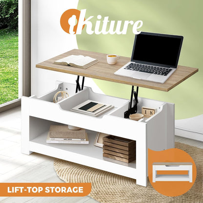 OIKITURE Lift Top Coffee Table with Hidden Compartment & Storage Shelf Space, Rising Tabletop Dining Table for Living Room Reception Room