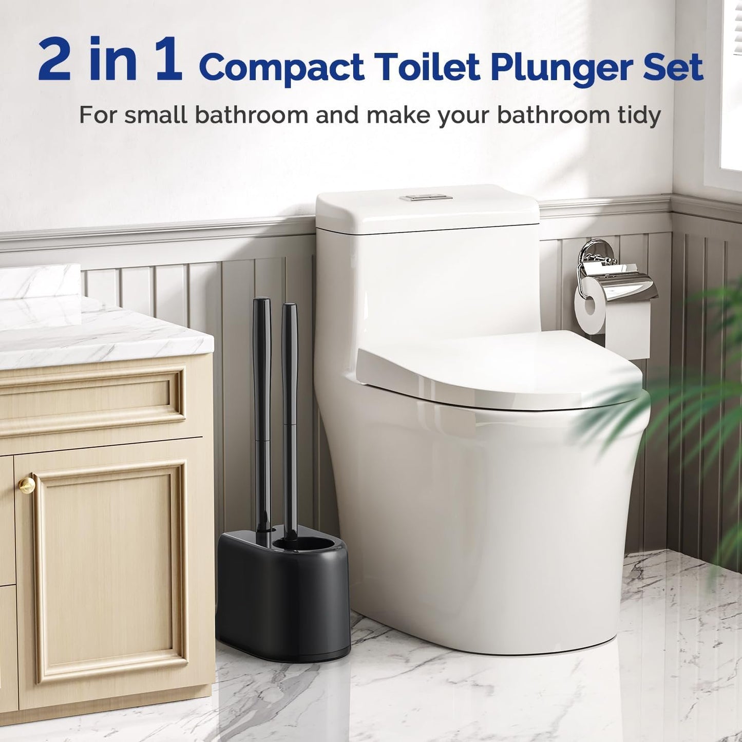 HAMITOR Toilet Brush and Plunger Set, Plungers for Bathroom Toilet Heavy Duty, Bowl Brush and Holder with Extended Handle, 2-in-1 Bathroom Accessory Cleaning Combo with Modern Caddy Stand - Black
