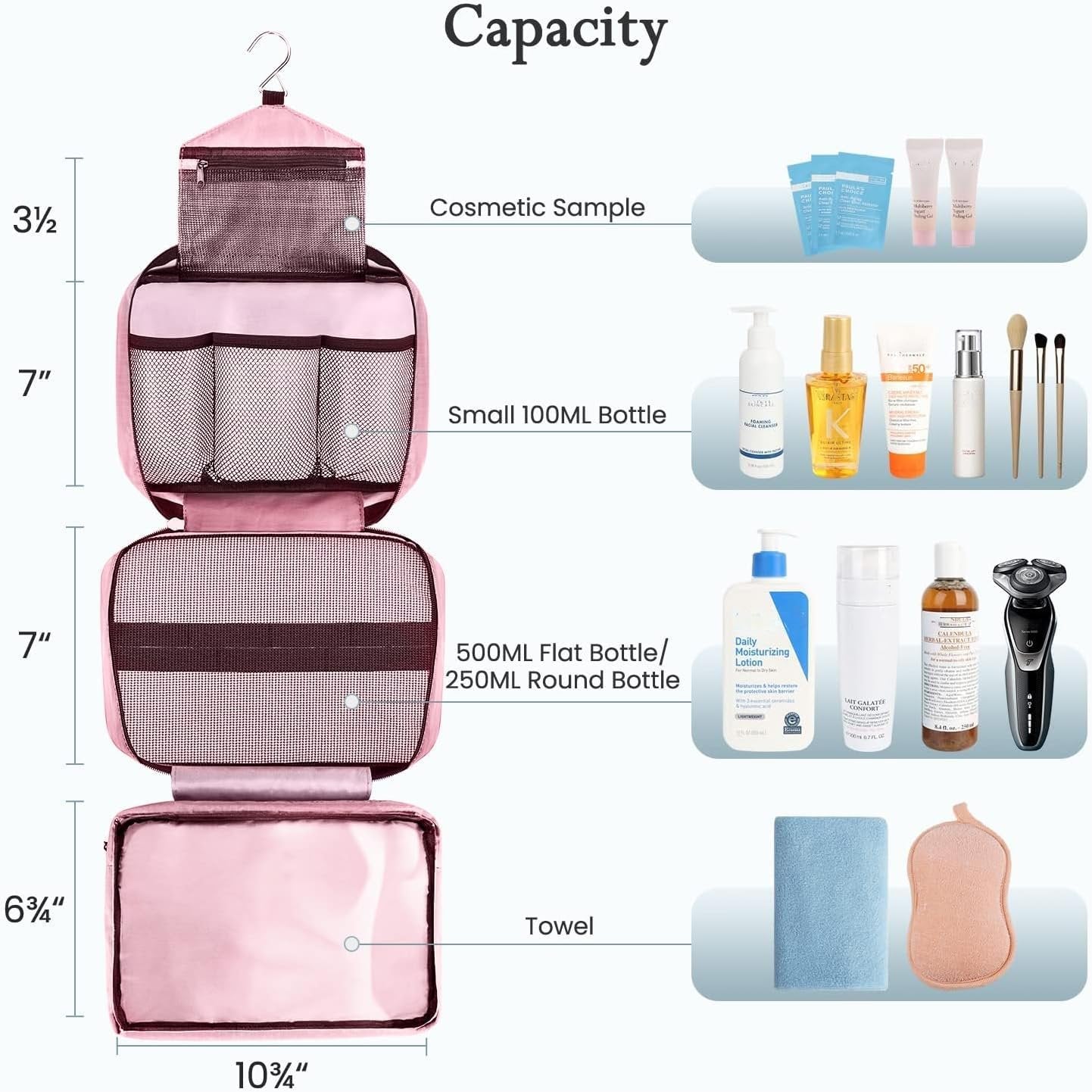 Maliton Hanging Toiletry Bag, Travel Toiletry Bag | Foldable Dopp Kit with Large Capacity for Men | 4 Layers Portable Waterproof Hygiene Bag for Women | Travel Bathroom Organizer(Pink)