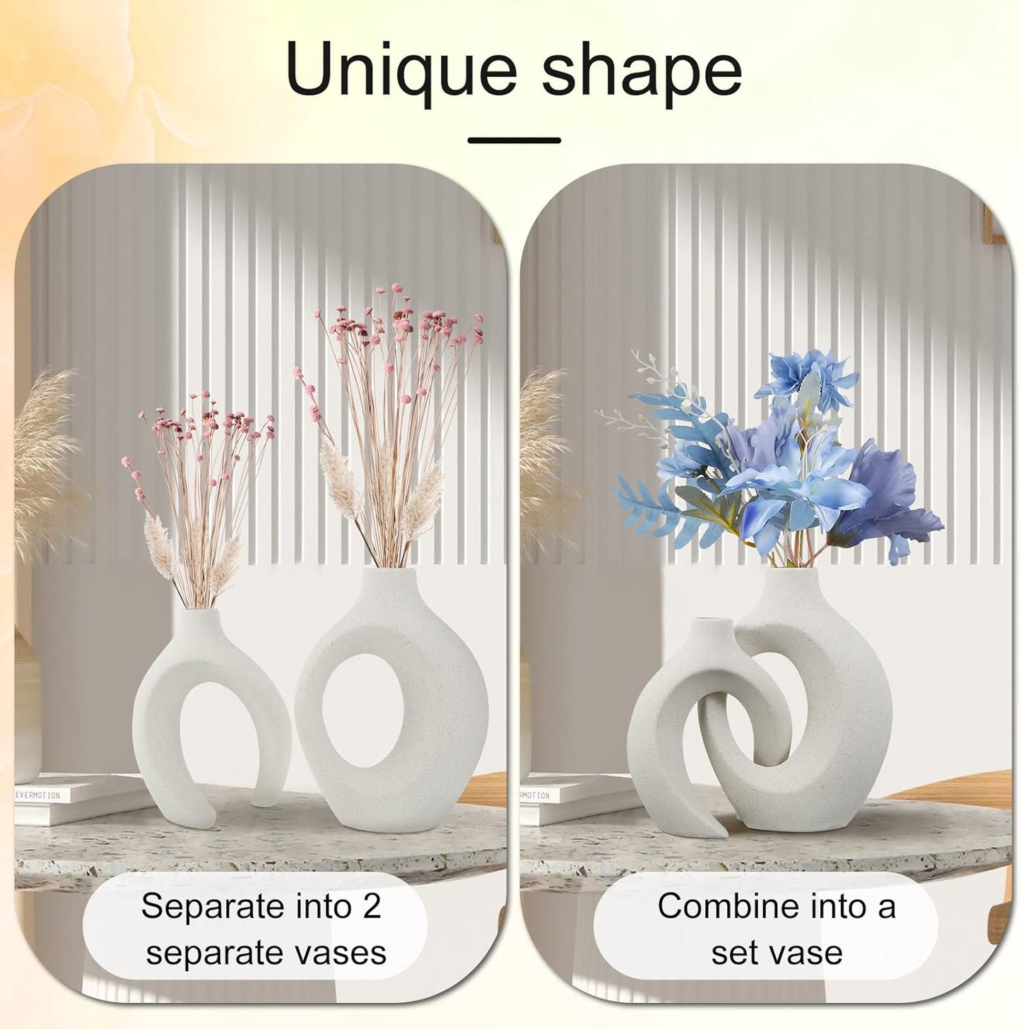 Abizarch 2Pcs Hollow Ceramic Vase Set, Nordic Modern Boho ins Style Decorative Ceramic Aesthetic Flower Vase for Home Decor, Large Modern Ceramic Flower Vases for Wedding Party Dinner