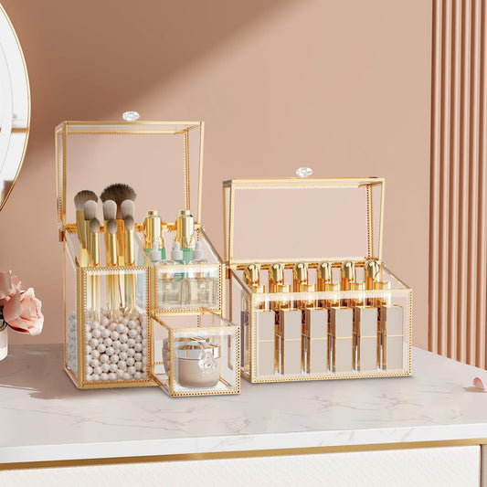 Glass Makeup Organizer Set – Vanity Organizer with 18-Slot Lipstick Organizer & Makeup Brush Holder with Lid – Skincare, Perfume & Cosmetic Storage for Bathroom or Dresser