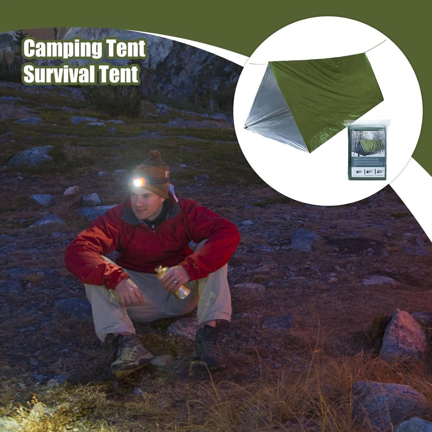 Shelter Survival Tent, 2-Person Outdoor Camping Tent, Lightweight Windproof Waterproof Lifesaving Gear Tarp Sleeping Bag Thermal Sack Blanket for Camping Hiking Outdoor Activities