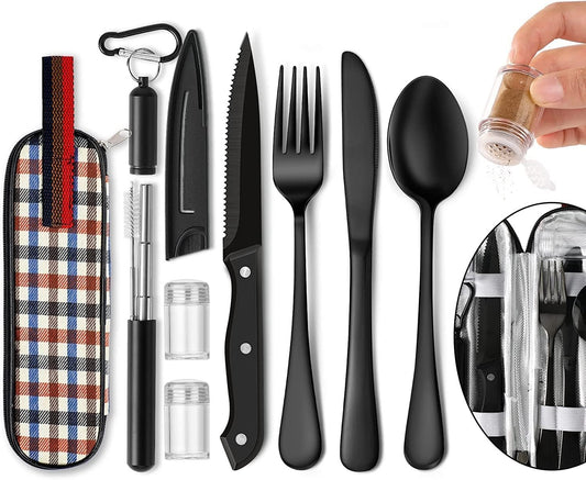 Portable Travel Utensils Set, Travel Camping Cutlery Set, Reusable Stainless Steel Flatware Set with Case for Office School Picnic (Black)