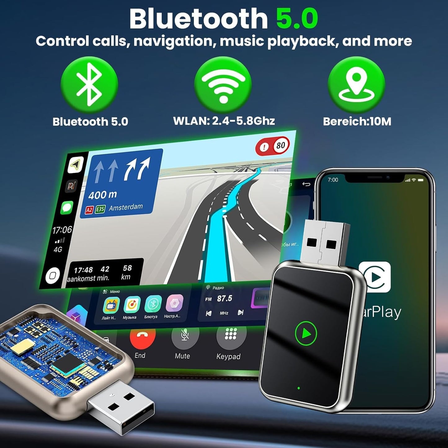 2 in 1 Wireless Carplay and Android Automatic Adapter, Mini Wireless Carplay Convert Factory Wired Carplay to Wireless, Wireless Carplay Adapter for IP-Hone iOS 10+ and Android 11+