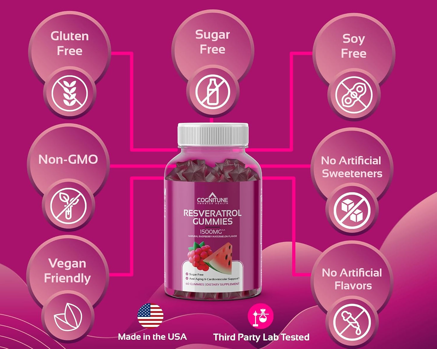 Resveratrol Gummies - Sugar Free Natural Raspberry Watermelon Flavor, 1500mg Resveratrol Supplement for Heart, Brain, Immune Support & Wellness, Powerful Antioxidant with Anti-Aging Benefits