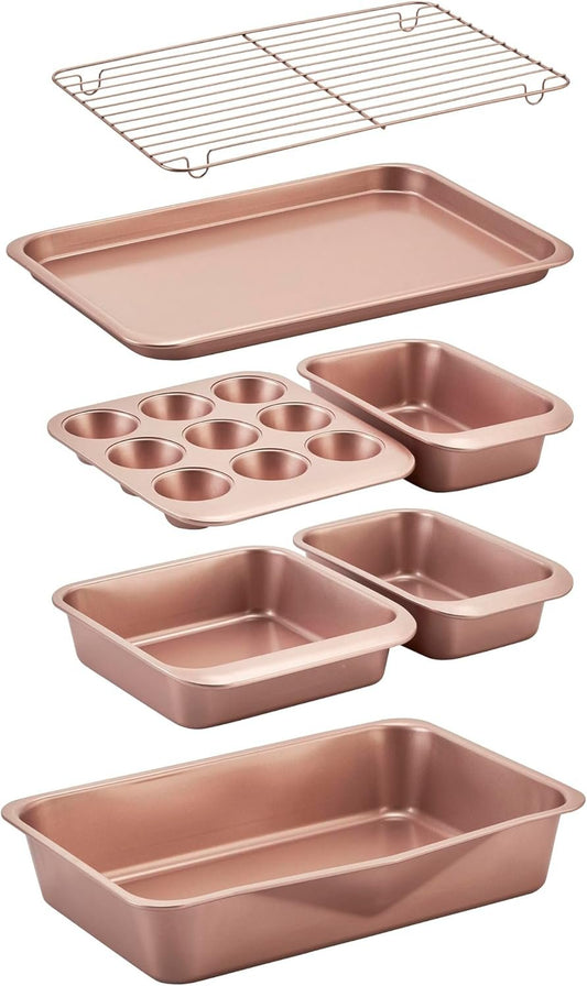 Wiltshire 7 Piece Smart Stack Bakeware Set in Rose Gold â€“ Non Stick Kitchen Cookware Baking Tray, Cake Tin, Muffin Pan & Roasting Pan â€“ Space Saver Gift Box with Storage Solution