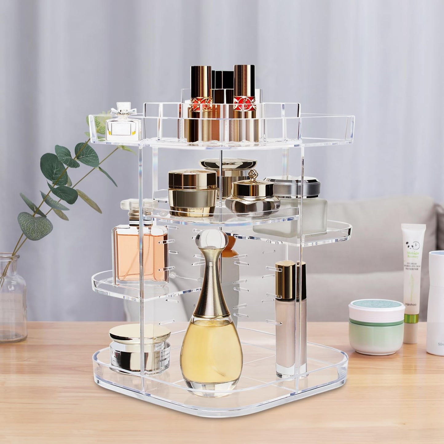 AMEITECH 360-Degree Makeup Organizer, DIY Adjustable Rotating Cosmetic Storage Carousel Spinning Holder Storage Rack with 5 Layers Large Capacity, Best for Countertop, Square
