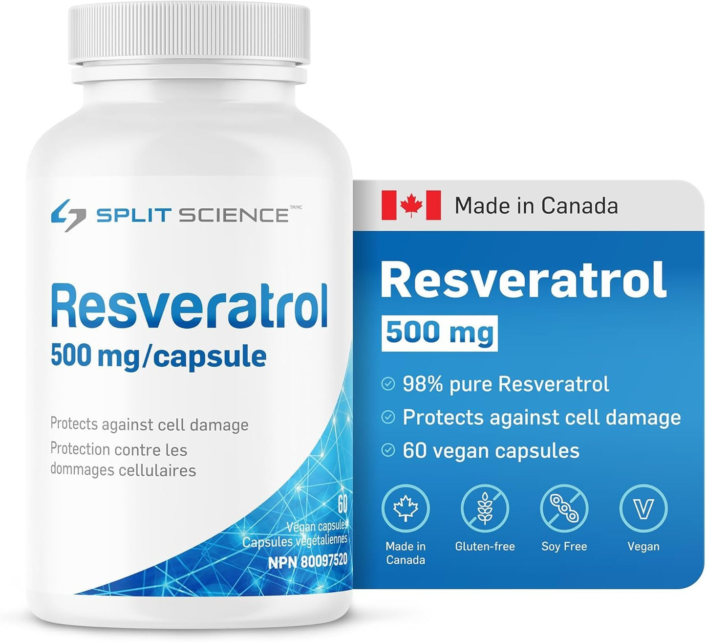 Split Science Canadian-Made 98% Premium Resveratrol | High Concentration 1000mg per serving, 500mg per capsule | High Bioavailability, Cellular Support and Intracellular Antioxidant | 60 Vegan Capsules