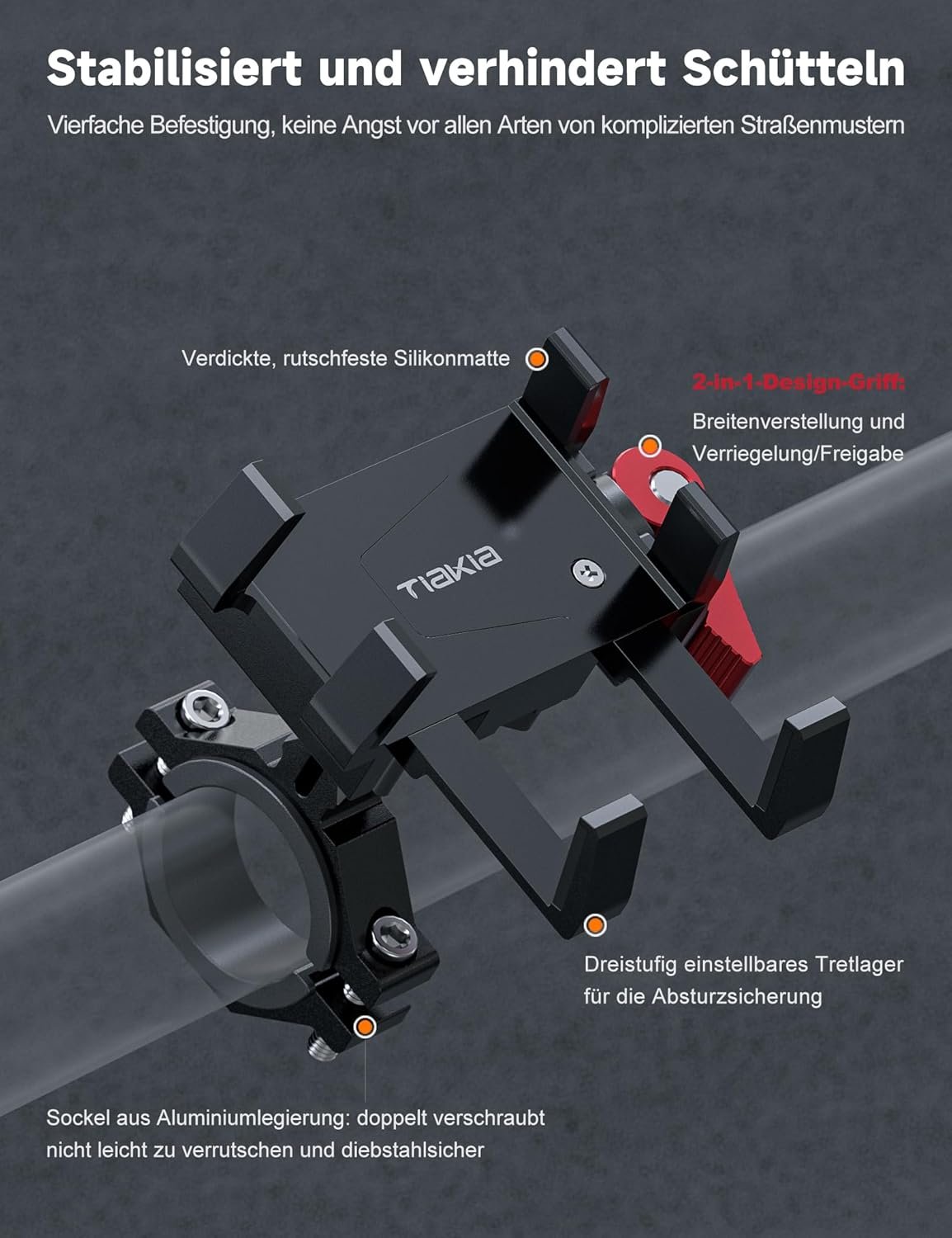 Tiakia Bicycle Cell Phone Mount, Aluminum Motorcycle Phone Holder, 6 Claws 360 Degree Rotation Universal Bike Mount without Tools for 4.5-7 Inch Phones (Black, Red)