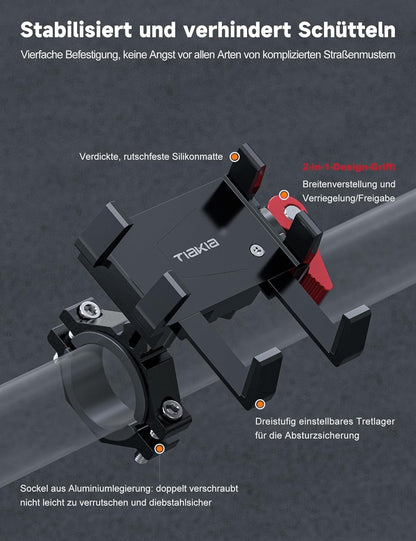 Tiakia Bicycle Cell Phone Mount, Aluminum Motorcycle Phone Holder, 6 Claws 360 Degree Rotation Universal Bike Mount without Tools for 4.5-7 Inch Phones (Black, Red)