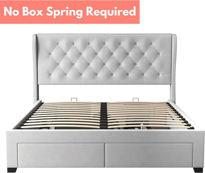 Brittany Queen Bed Frame with 4 Storage Drawers/Platform Bed/Upholstered/Tufted/No Box Spring Required/Wood Slat Support (Velvet, Light Grey)