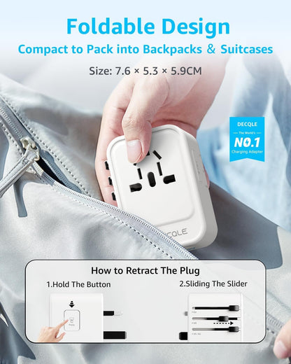 decqle Universal Travel Adapter, International Travel Plug Adapter with 2 USB-C(GaN 65W) ＆ 1 USB-A Ports, All in One Portable Adaptor, for USA, UK, EU, AU ＆ 224+ Countries (White)