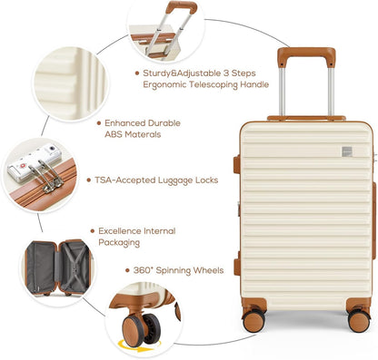 imiomo Carry On Luggage Set 20 Inch, Expandable Carry On Suitcase with Spinner Wheels,Hard Shell Lightweight Rolling Travel Luggage with TSA Lock,Beige Brown