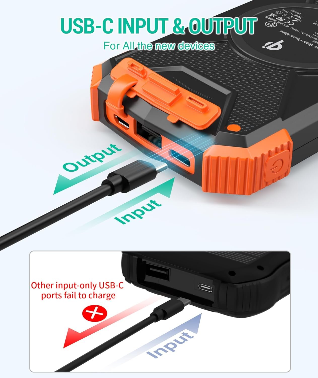 Solar Power Bank, Qi Portable Charger 10,000mAh External Battery Pack Type C Input Port Dual Flashlight, Compass (IPX4 Splashproof, Dustproof, Shockproof, Solar Panel Charging, DC5V/2.1A Input)