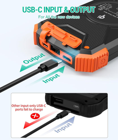 Solar Power Bank, Qi Portable Charger 10,000mAh External Battery Pack Type C Input Port Dual Flashlight, Compass (IPX4 Splashproof, Dustproof, Shockproof, Solar Panel Charging, DC5V/2.1A Input)