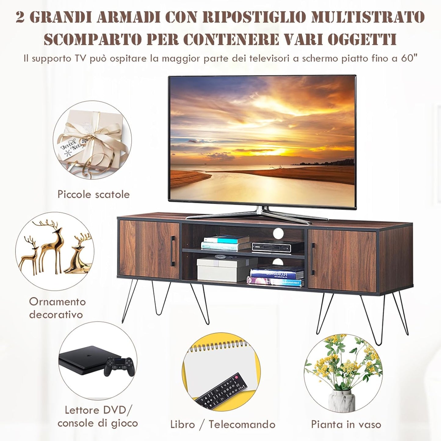 COSTWAY TV Stand Up to 60", TV Stand with 2 Doors, Cable Holes and Adjustable Shelf, TV Stand with Metal Legs for Living Room, Bedroom, 150 x 39 x 56 cm, Mrrone
