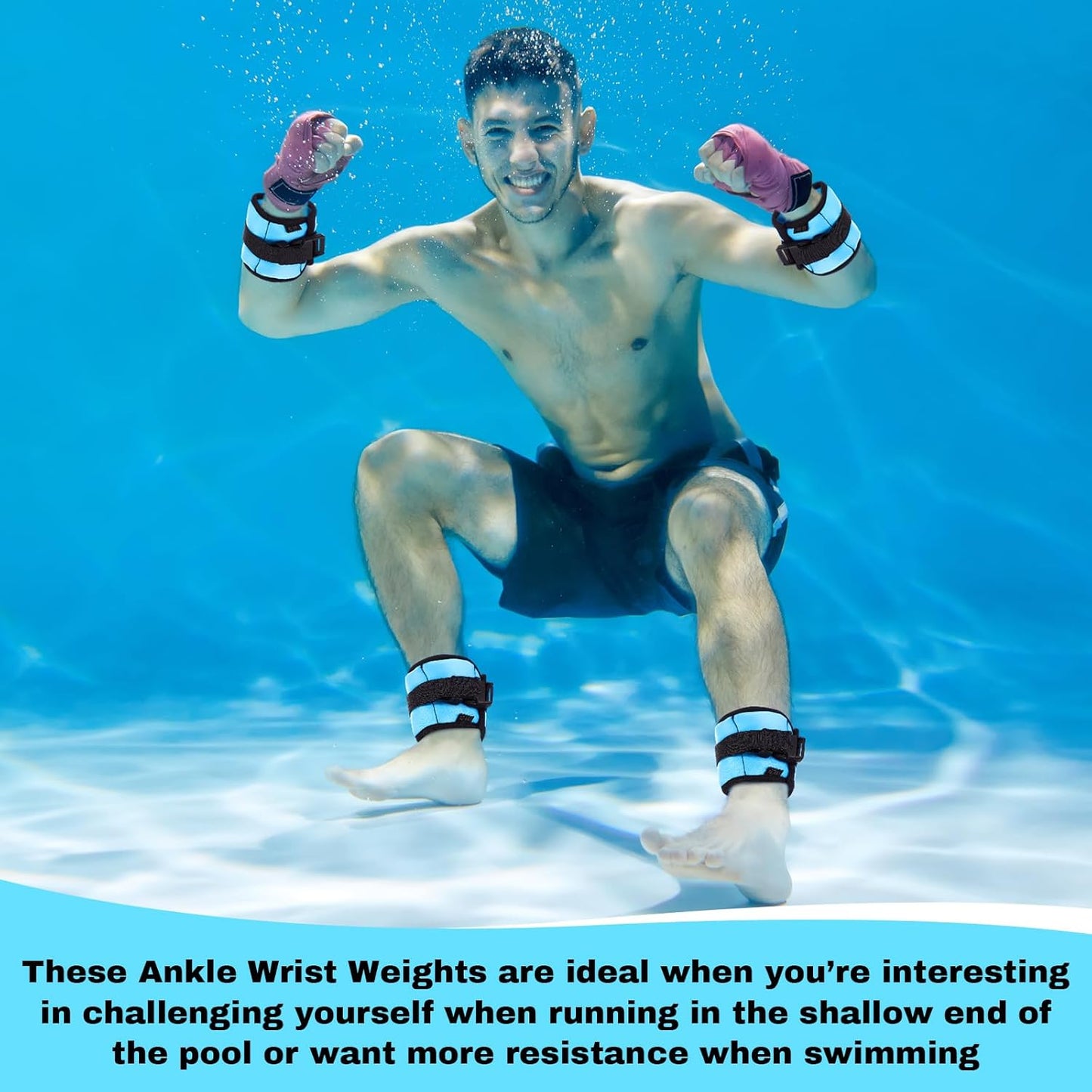 Hollowfly 2 Pairs Ankle Wrist Weights for Dry Land or Aquatic Exercise Aqua Cuffs Aqua Aerobics Fitness Bands for Ankle and Wrist Adjustable Weights for Swimming Pool Workout Equipment 1lb Each