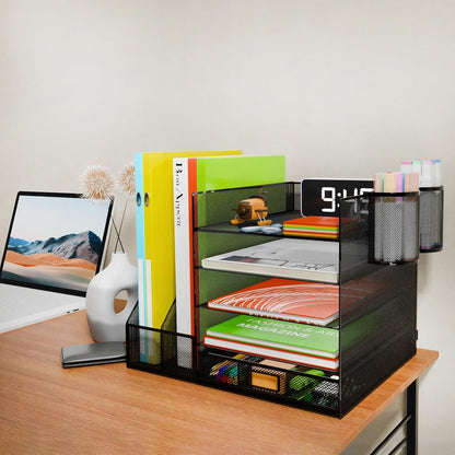 Desk Organizer with File Holder, 5-Tier Letter Paper Tray Organizer with Drawer & 2 Pen Holders, Desk Organizers and Accessories, Mesh Desktop File Organizer and Storage for Office Supplies