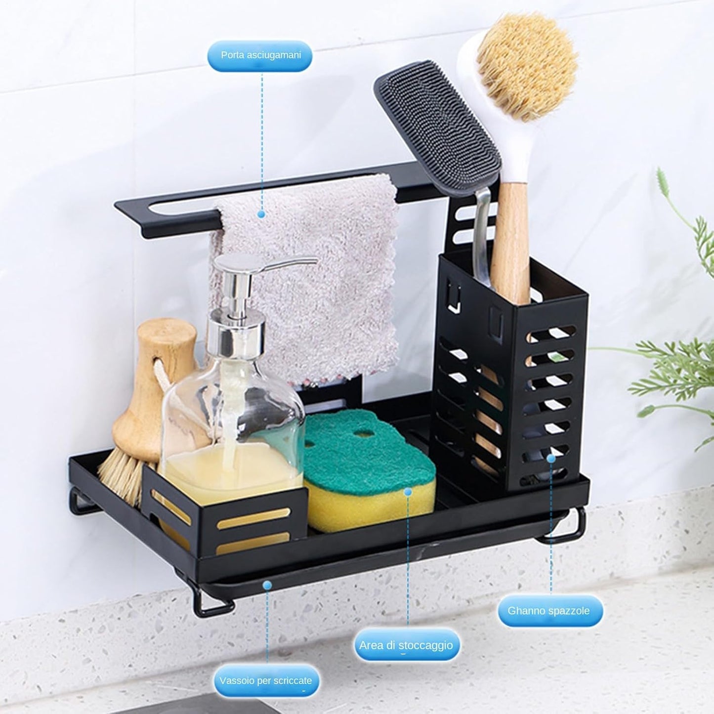 Sink Dish Rack, Carbon Steel Drying Shelf, Adjustable Height Organizer, 9.72x5.91x5.71 Inches Drain Tray Base, Black Finish, for Sponge, Soap, Brush, Kitchen Cleaning Accessories