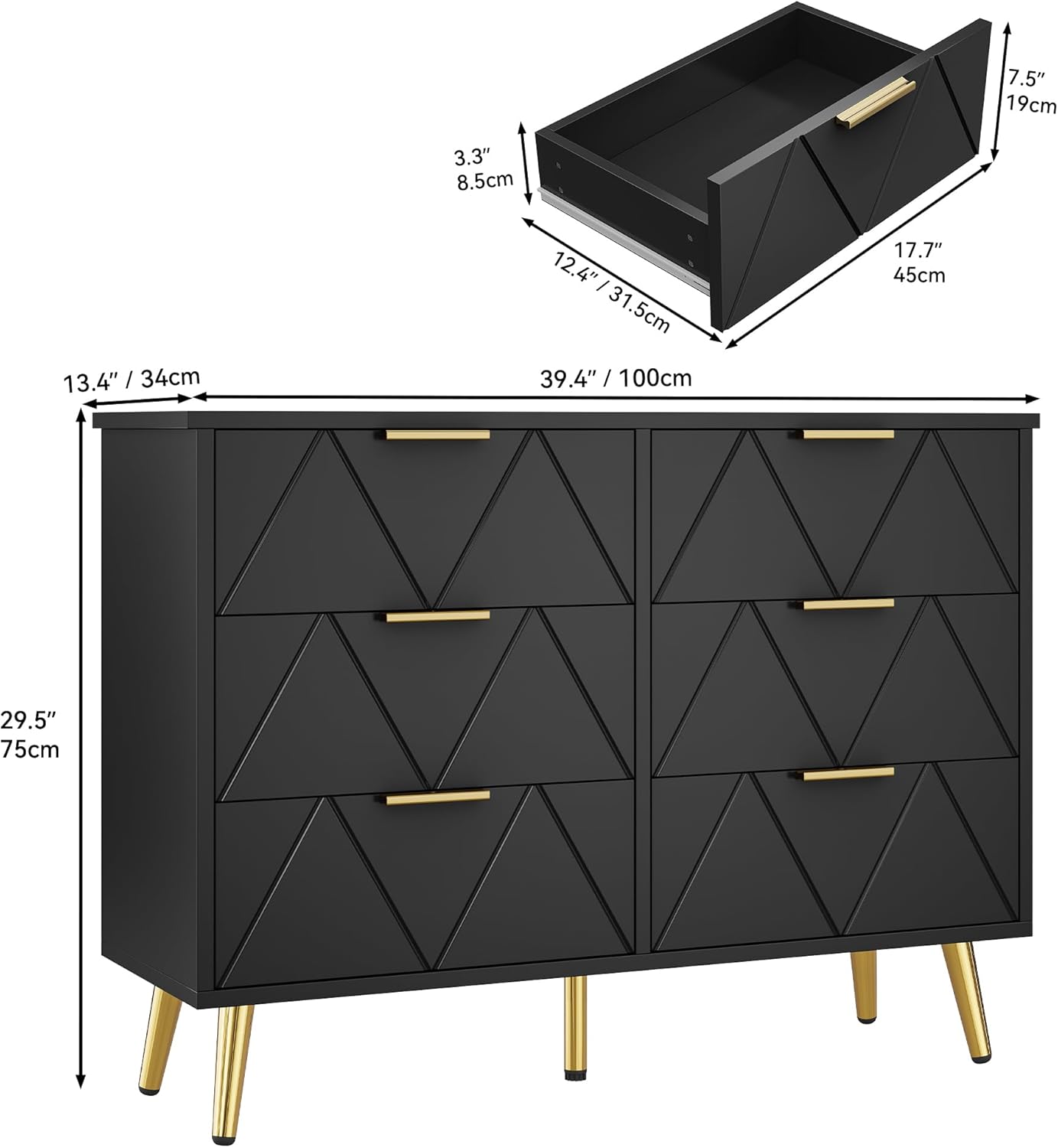 YITAHOME Bedroom Chest of Drawers 6 Contemporary Drawers Bedroom Furniture Large Wooden Chest of Drawers Sliding Drawer Office Living Room Furniture Black